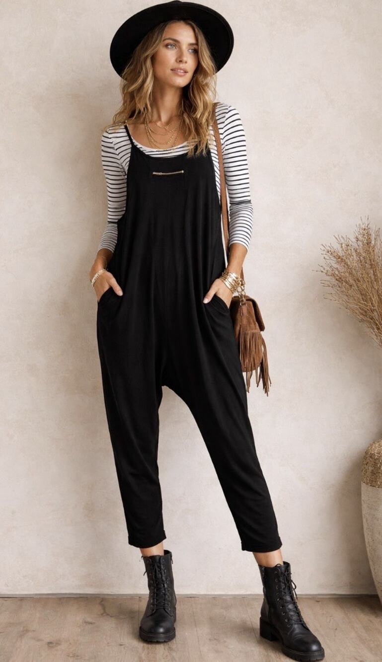 Wmns Black Jumpsuit Sz M Boho Pockets Streetwear Studio Comfort Layering Outfit